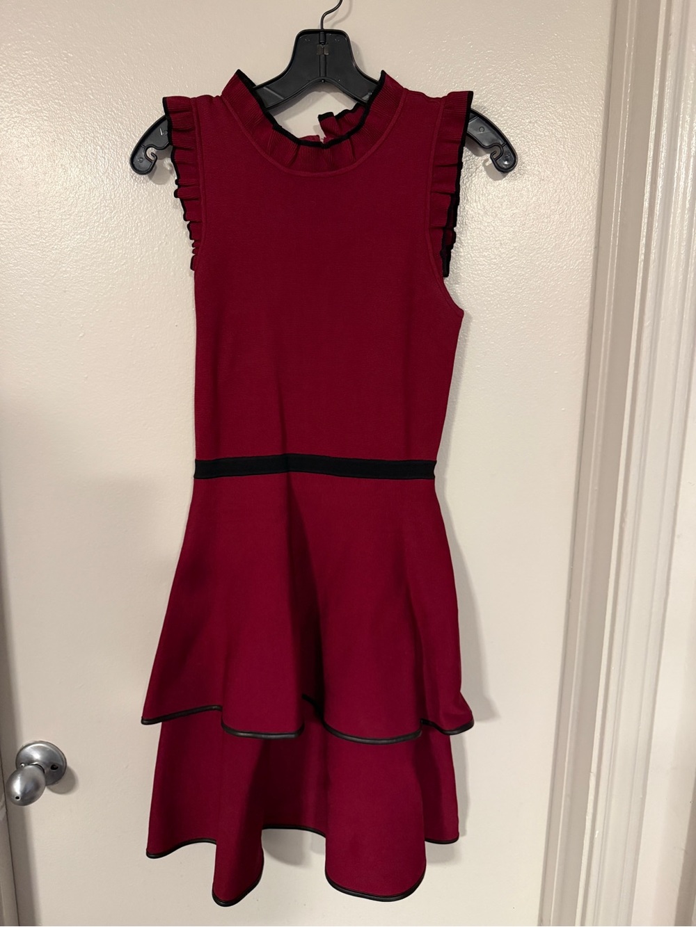 Parker Burgundy Tiered Dress with Black Trim